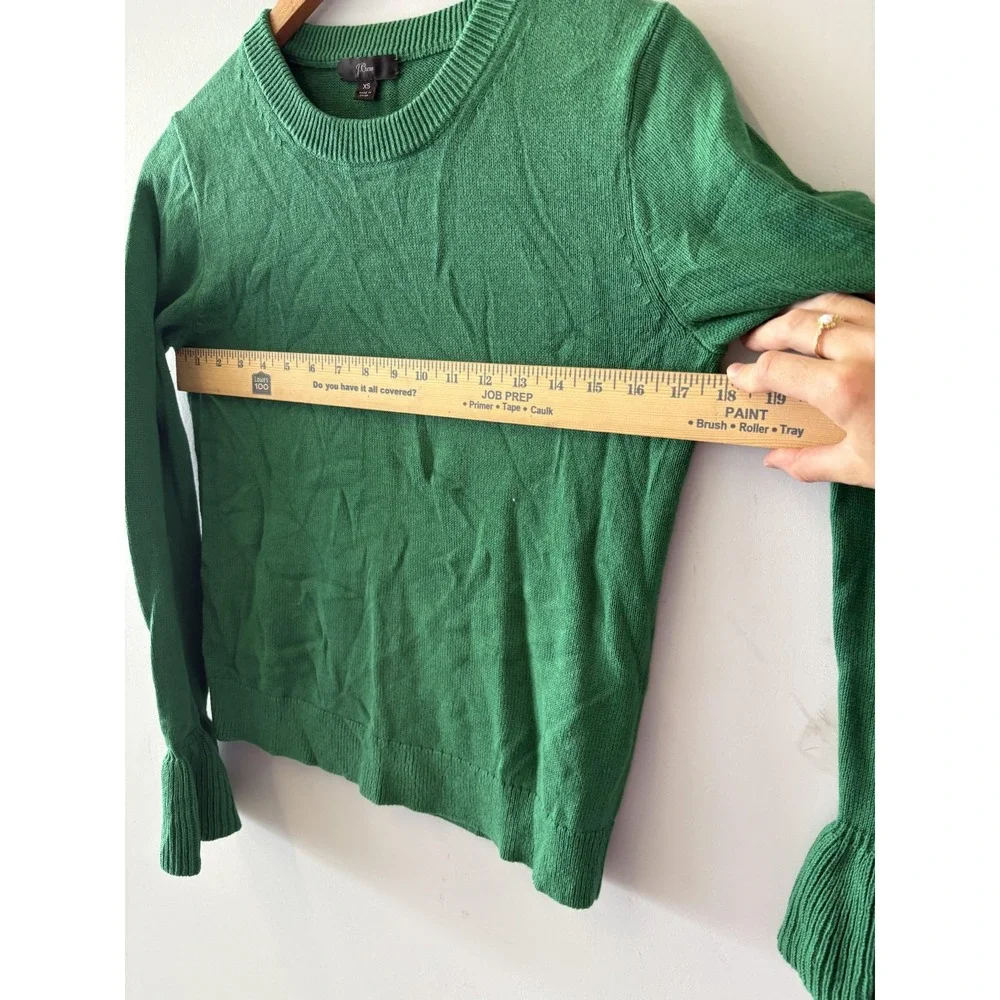 J Crew Sweater Womens XS Green Ruffle Bell Sleeve Crewneck Lightweight Knit